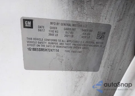 2017 Chevrolet Cruze Lt Auto из США, поврежденный, VIN 1G1BE5SM5H7247114